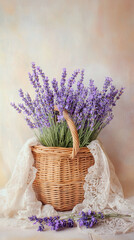 A wicker basket filled with vibrant lavender flowers wrapped in lace, resting on a wooden surface with soft pastel tones, symbolizing calmness, beauty, and natureâ€™s serenity.