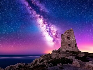A stunning night sky filled with stars and the Milky Way, illuminating an ancient stone tower atop a rocky landscape.