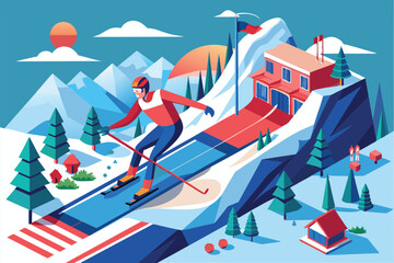 A skier navigates a vibrant alpine course featuring hills, trees, and winter lodgings under a clear sky, Para alpine skiing Customizable Isometric Illustration