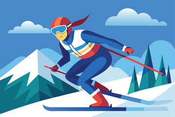 Fototapeta premium A skier competes in para alpine skiing on a semi-flat course surrounded by snowy mountains and a clear sky, Para alpine skiing Customizable Semi Flat Illustration