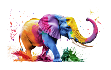Colorful elephant splashing in vibrant paint in a creative artistic representation of nature and wildlife ideas, cut out