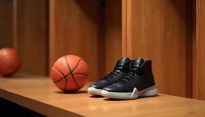 Naklejka premium A pair of sleek basketball shoes and a ball on a wooden bench in a locker room, 3D rendering, clean and polished look, realistic lighting