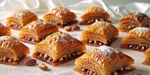 Delicious golden baklava pastries on white.