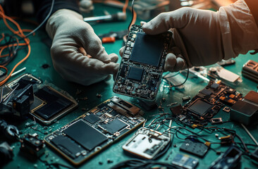 Technician disassembling smartphone motherboard in electronics repair lab with tools and components for troubleshooting and maintenance