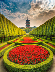 Obraz premium Symmetrical Garden with Red Flowers, Lush Green Trees, and a Traditional Pagoda Under a Partly Cloudy Sky
