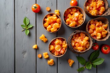 Fototapeta premium Crispy Orange Treat Bites in Small Bowls on Gray Wooden Surface