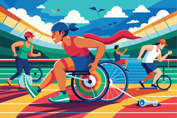 Fototapeta premium Athletes engage in thrilling competition on a colorful track, showcasing paralympic sports spirit and determination, Paralympic athletics Customizable Semi Flat Illustration