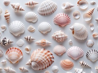 Beautiful collection of various seashells in different shapes and colors