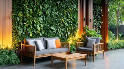 Obraz premium Garden greenery walls aesthetic decorative touch Modern outdoor seating with lush greenery and warm lighting.