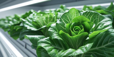 Lush Green Lettuce Growing in Indoor Vertical Farming Setup Under LED Lights