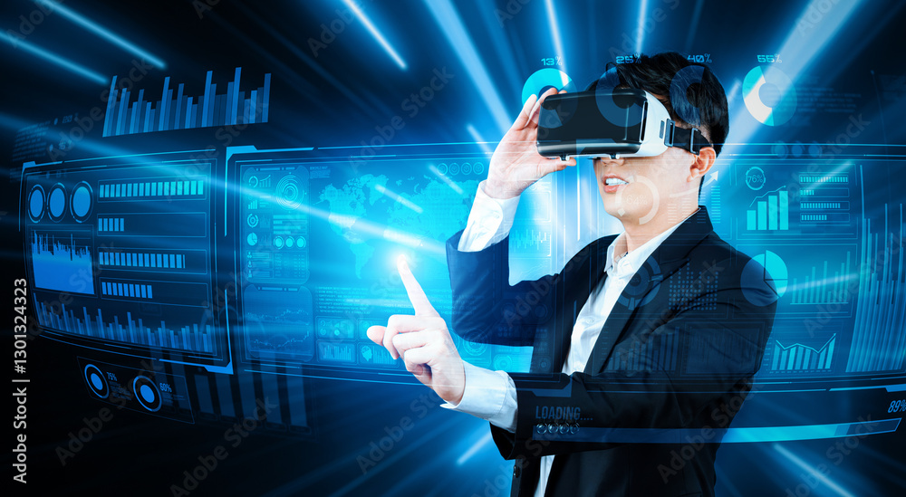 Poster smart business man connecting at global network by using vr glasses. project manager accessing big d