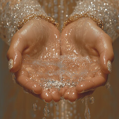 Fototapeta premium luxurious close-up of delicate feminine hands adorned with sparkling jewelry, holding glistening water. The intricate details of droplets and reflections create an opulent and ethereal visual.