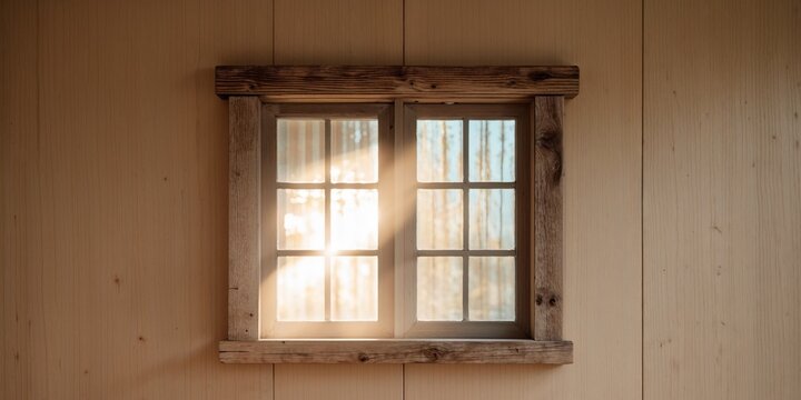 Wood framed window on paneled wall lets in sunlight