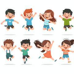 Cheerful children jumping with joy, cartoon characters expressing happiness for use in educational resources, children's book illustrations, and joyful promotional materials.