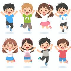Group of diverse cartoon children joyfully jumping and celebrating, ideal for educational materials, children's books, or website design showcasing happiness and unity.