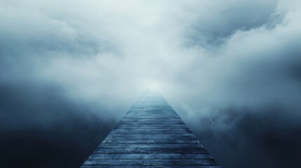 A foggy path leading to the horizon, symbolizing uncharted paths or challenges in life, wide angle, centered, depth of field, mysterious, fantasy