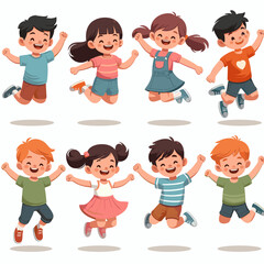Diverse group of joyful children jumping with excitement illustration ideal for children's books, educational materials, and promoting happy and active lifestyles