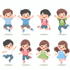 Group of diverse cartoon children jumping with joy, ideal for educational resources, children's books, or designs promoting happiness and activity