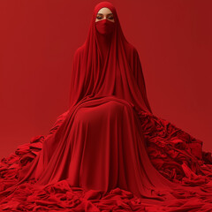 Naklejka premium A mysterious woman in a flowing red hijab and veil sits gracefully on draped fabric, blending seamlessly with the monochrome red background. Her poised presence evokes elegance, strength, and cultural