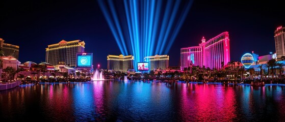 Spectacular Nighttime View of the Las Vegas Strip with Illuminated Hotels and Water Features