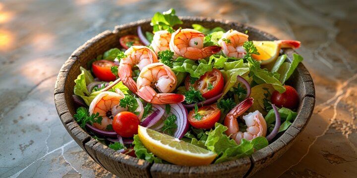 Shrimp and Vegetable Salad in Wooden Bowl.