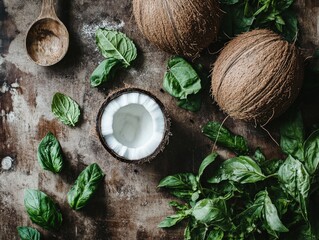 A rustic flat-lay featuring coconuts and fresh herbs like mint and basil, styled with natural tones