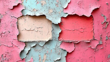 Obraz premium Closeup of colorful pink, coral, and beige painted urban wall texture with two wrinkled glued poster templates. Modern mockup for design presentation. Creative urban city background.