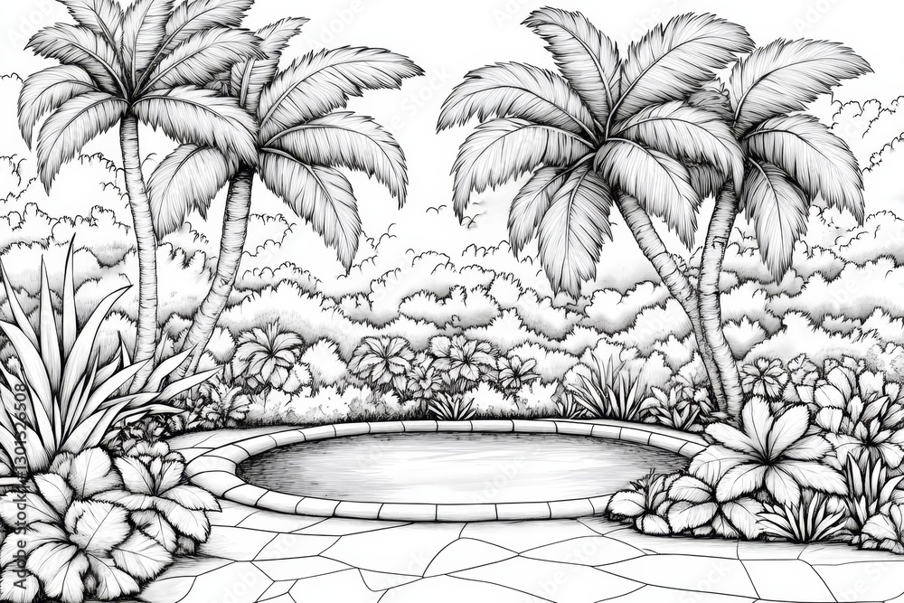 Poster a simple black-and-white line drawing of a small oasis with palm trees