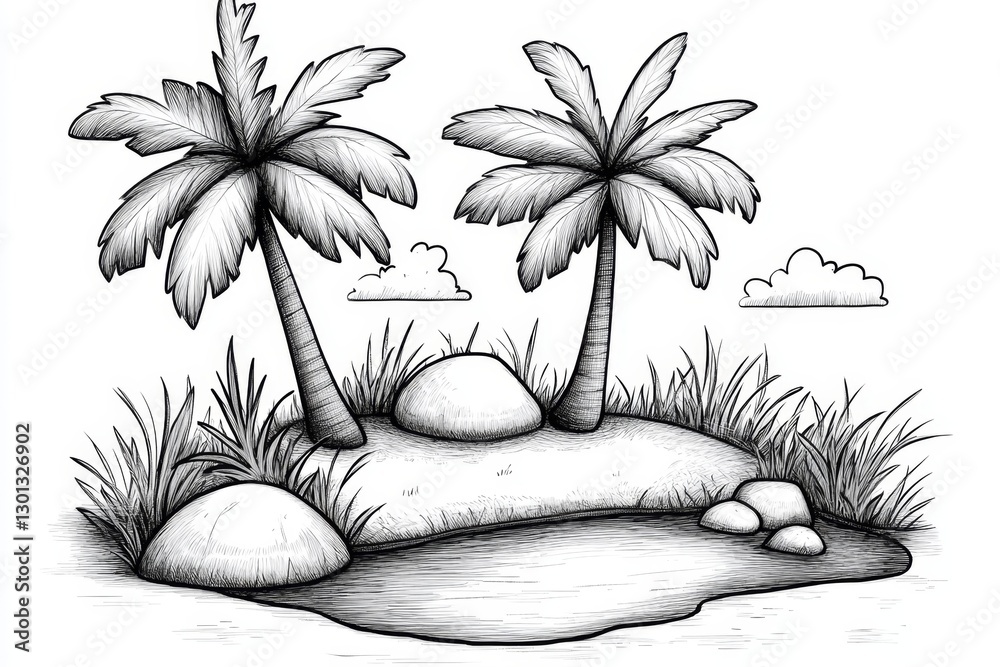 Poster a simple black-and-white line drawing of a small oasis with palm trees