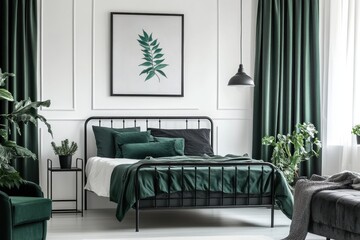Emerald green bedroom interior with metal bed frame, plants, and dark curtains.