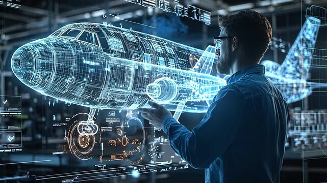 Engineer interacting with digital airplane model in hangar
