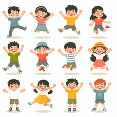 Cartoon Kids Jumping: Joyful Group Illustration
