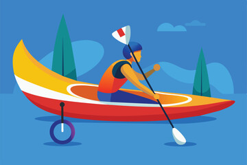 A determined athlete navigates a vibrant, adaptive canoe on a calm lake surrounded by trees, Paralympic canoe Customizable Disproportionate Illustration