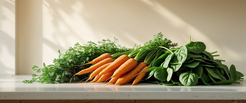 Fresh garden carrots and spinach in a kitchen setting with natural light.