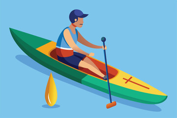 A paralympic athlete navigates a vibrant, custom canoe on tranquil waters, showcasing adaptive design, Paralympic canoe Customizable Disproportionate Illustration