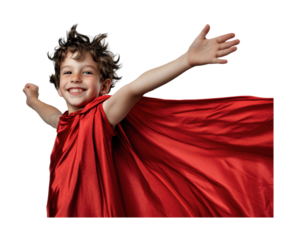 Brightly dressed child enjoys imaginative play as a superhero in a vibrant red cape during a joyful moment of creativity and fun, cut out