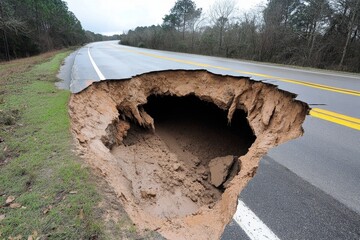 A sinkhole appearing after a landslide, swallowing trees and part of a road