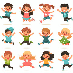 Cheerful Children Jumping: Diverse Cartoon Characters