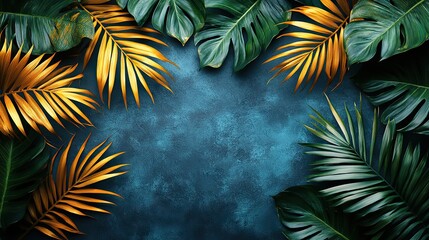 Close-up of golden palm leaves on a dark grey textured background, creating a luxurious and tropical art deco design with copy space.