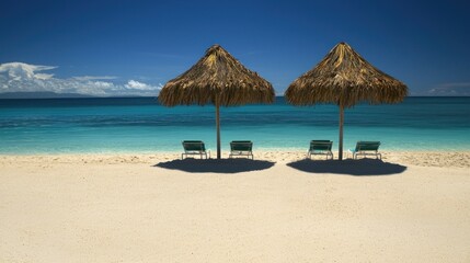 Tropical Beach Paradise: Two Thatch Umbrellas and Lounge Chairs on Pristine White Sand