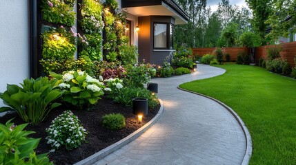 Obraz premium Garden greenery walls aesthetic decorative touch Beautiful garden with a winding path and illuminated plants at dusk.