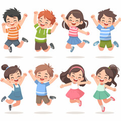 Cheerful cartoon kids jumping with joy, perfect for educational materials, children's books, and promoting positive child development and happy childhood experiences