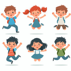 Diverse group of cheerful children jumping with joy, showcasing school spirit and youthful energy, ideal for educational materials and children's illustrations
