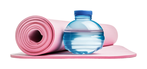 Yoga practice essentials with pink mat and water bottle for fitness enthusiasts, cut out