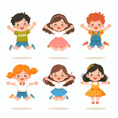 Cheerful cartoon children jumping with joy and excitement against a white background for educational and children's book illustration purposes.