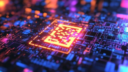 Obraz premium Glowing QR code on a futuristic circuit board.