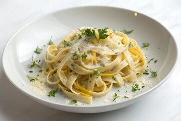 Creamy Fettuccine Alfredo with Lemon Zest Garnish. Close-up of creamy fettuccine alfredo pasta topped with grated cheese, lemon zest, and fresh parsley on a white plate