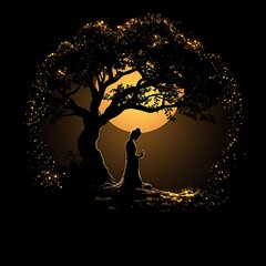 Moonlit Night, Woman Praying, Tree Silhouette