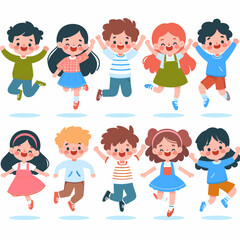 Cheerful cartoon children joyfully jumping with arms raised, perfect for illustrating educational materials, children's books, or promoting child-friendly events and activities.