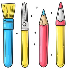 Art Supplies tools in studio drawing flat